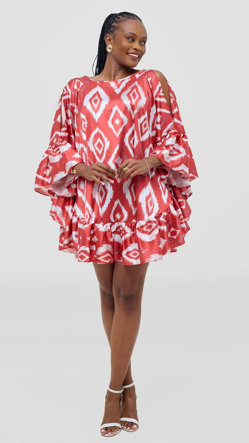 Vivo Chidii Tunic Dress With Frills - Red Textured Print