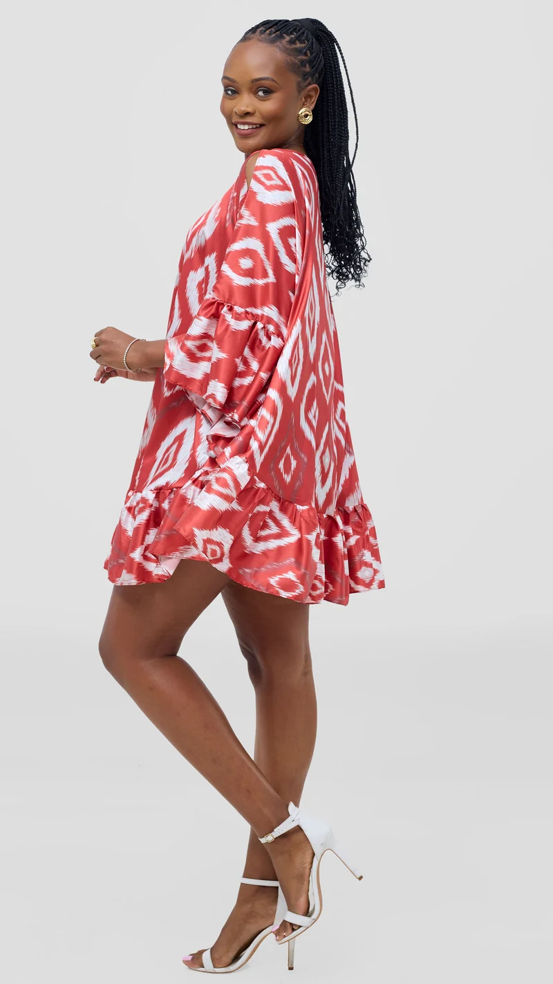 Vivo Chidii Tunic Dress With Frills - Red Textured Print