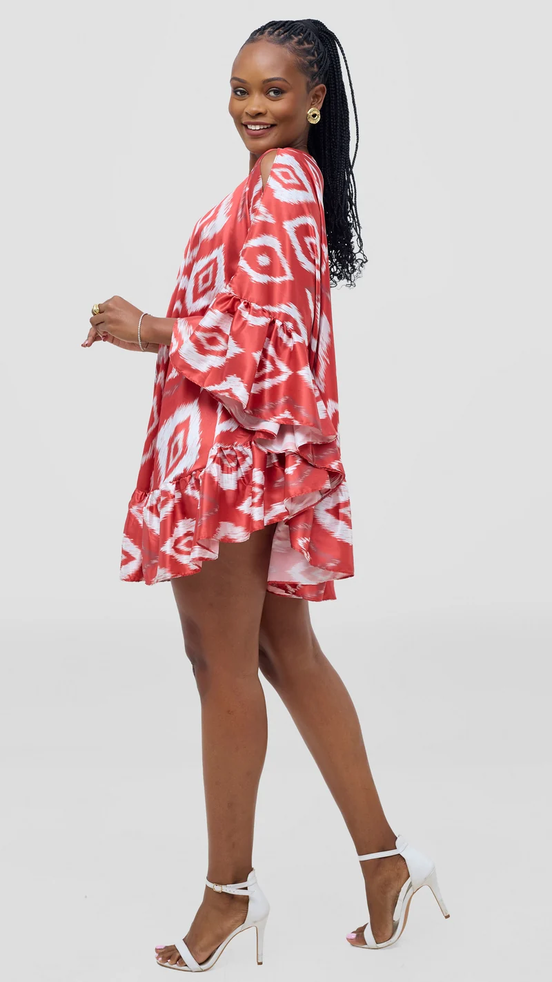 Vivo Chidii Tunic Dress With Frills - Red Textured Print
