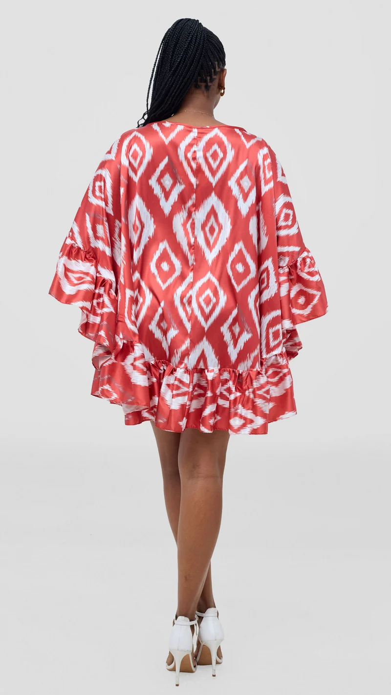 Vivo Chidii Tunic Dress With Frills - Red Textured Print