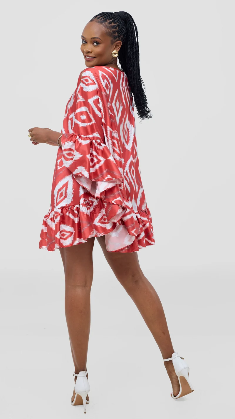 Vivo Chidii Tunic Dress With Frills - Red Textured Print