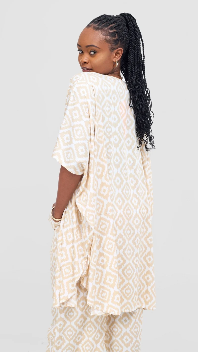 Vivo Samira Wide Kimono - Beige / White Print
