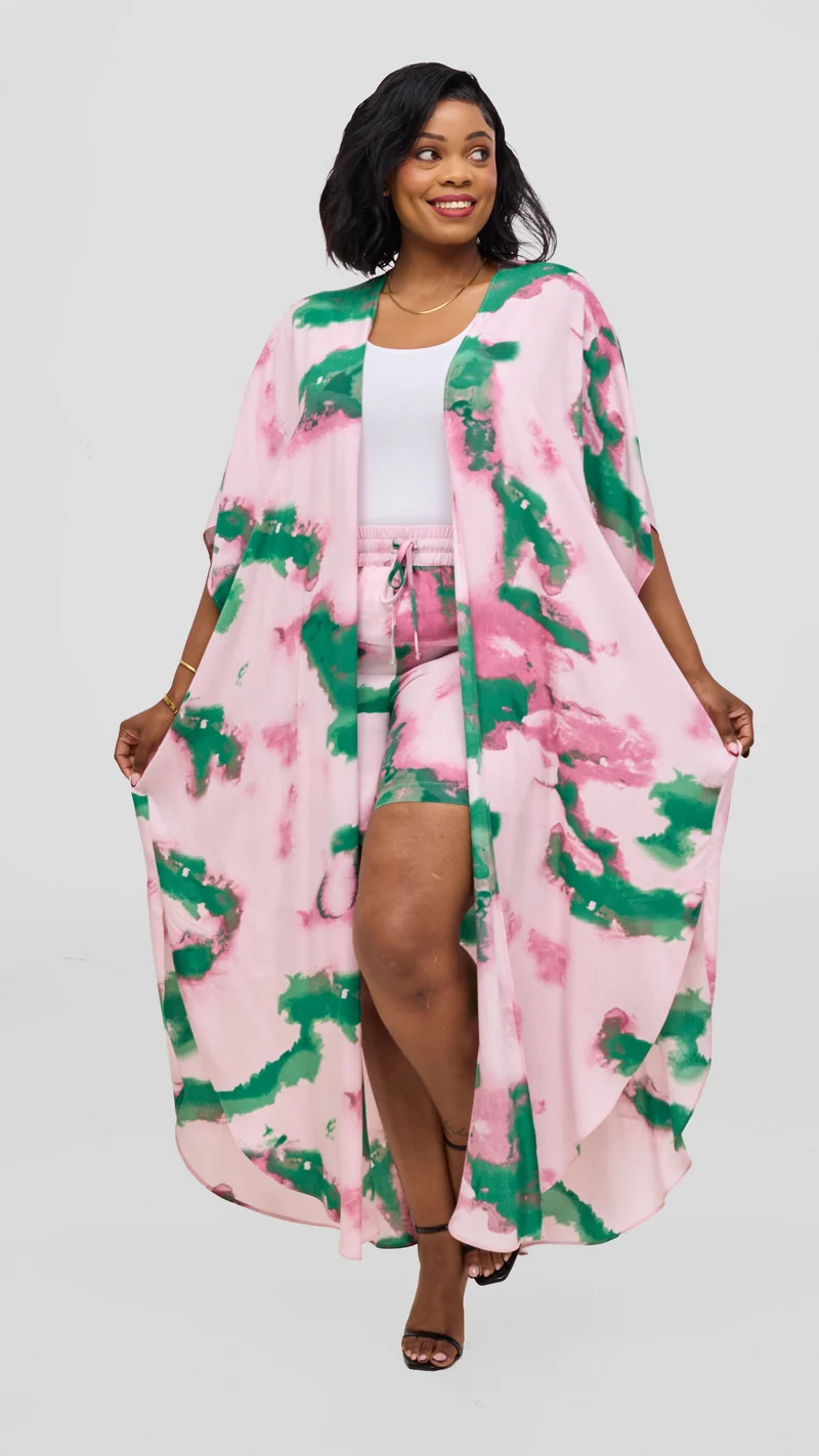 Vivo Talia Kimono & Shorts Set - Light Pink / Green Print