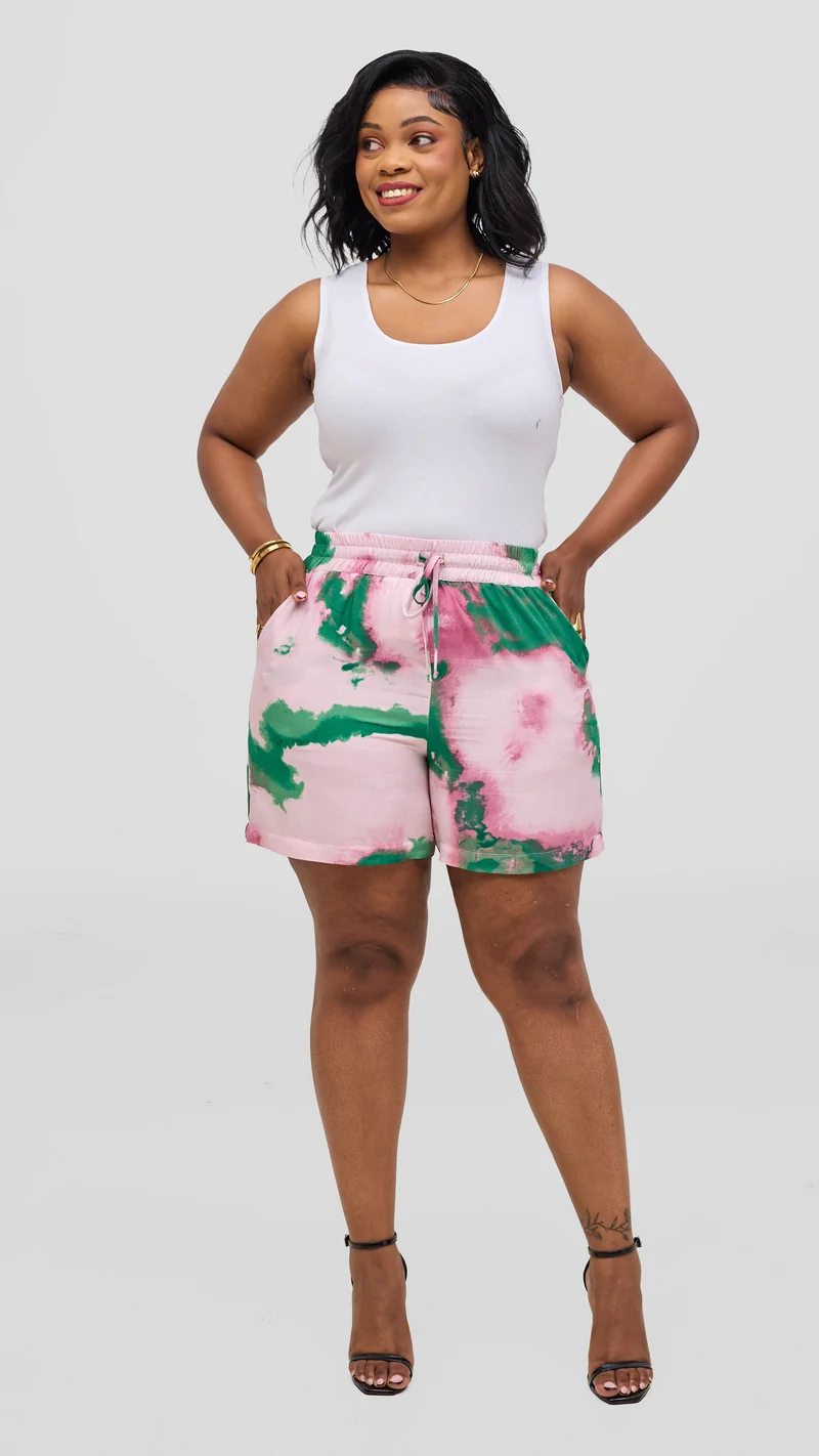 Vivo Talia Kimono & Shorts Set - Light Pink / Green Print