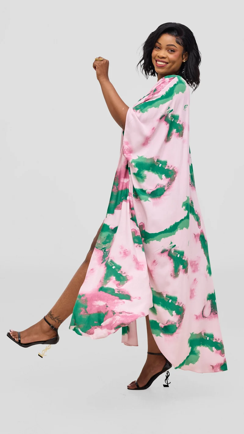 Vivo Talia Kimono & Shorts Set - Light Pink / Green Print