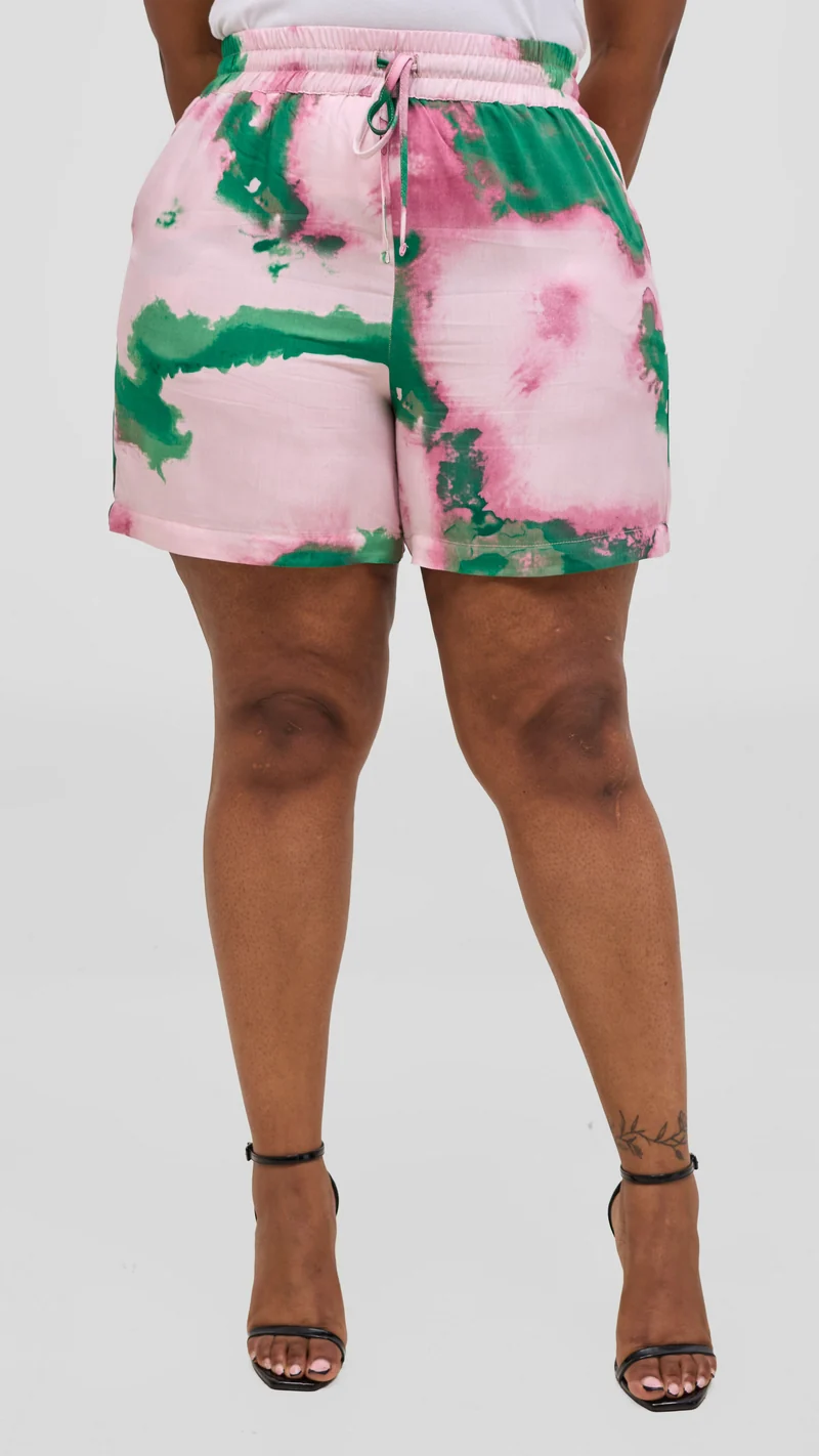 Vivo Talia Kimono & Shorts Set - Light Pink / Green Print