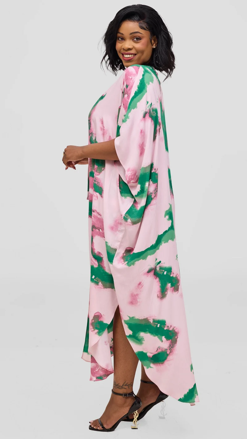 Vivo Talia Kimono & Shorts Set - Light Pink / Green Print