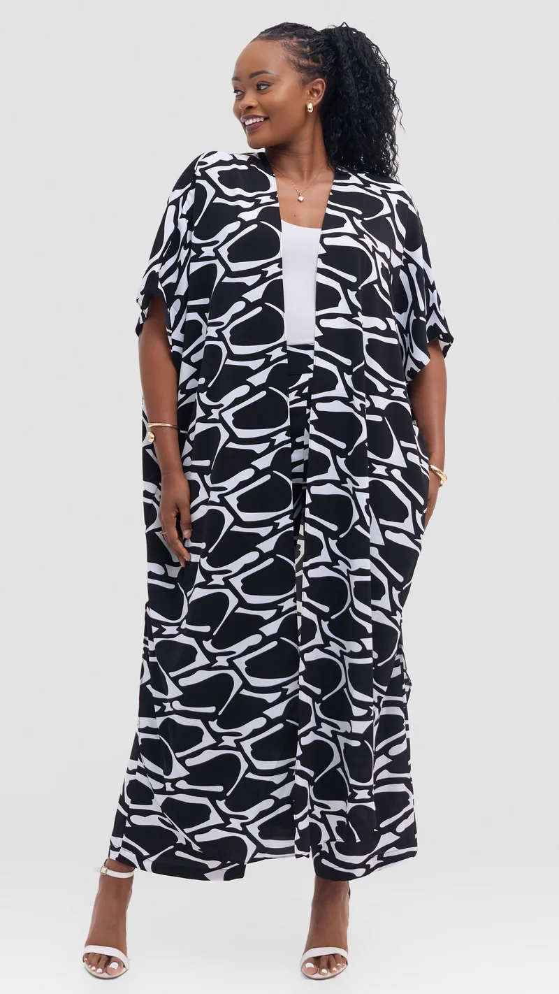 Vivo Maisha Kimono in Crepe - White / Black Abstract Print