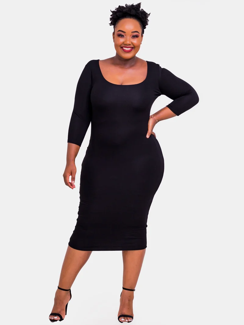 Vivo Basic 3/4 Sleeve Leila Bodycon Dress - Black