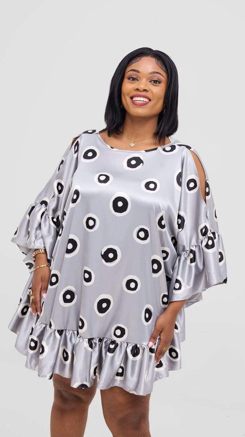 Vivo Chidii Tunic Dress With Frills - Grey / White Print