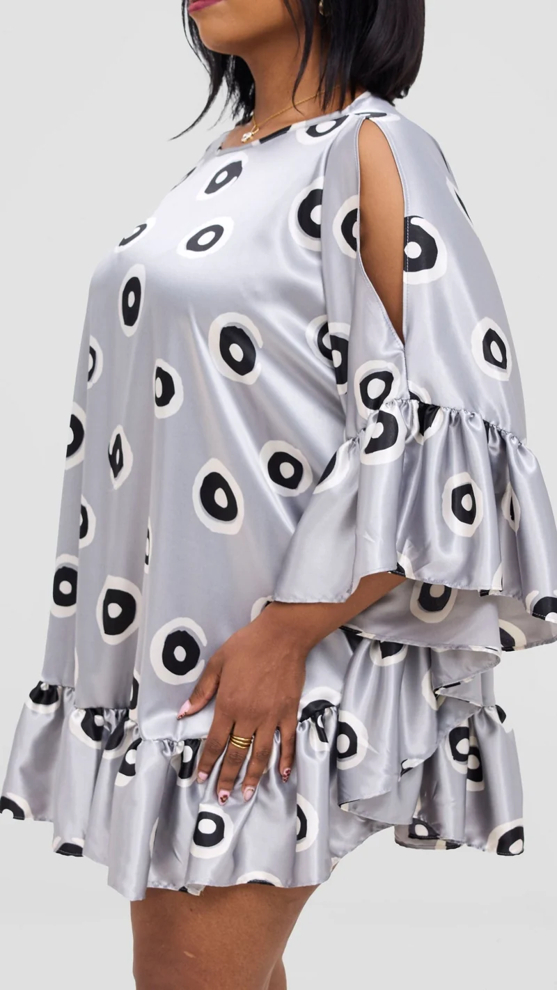 Vivo Chidii Tunic Dress With Frills - Grey / White Print