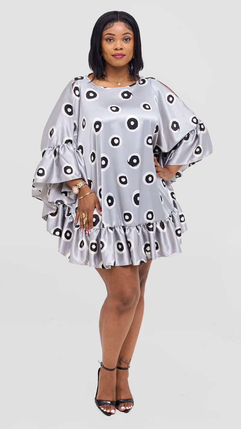 Vivo Chidii Tunic Dress With Frills - Grey / White Print