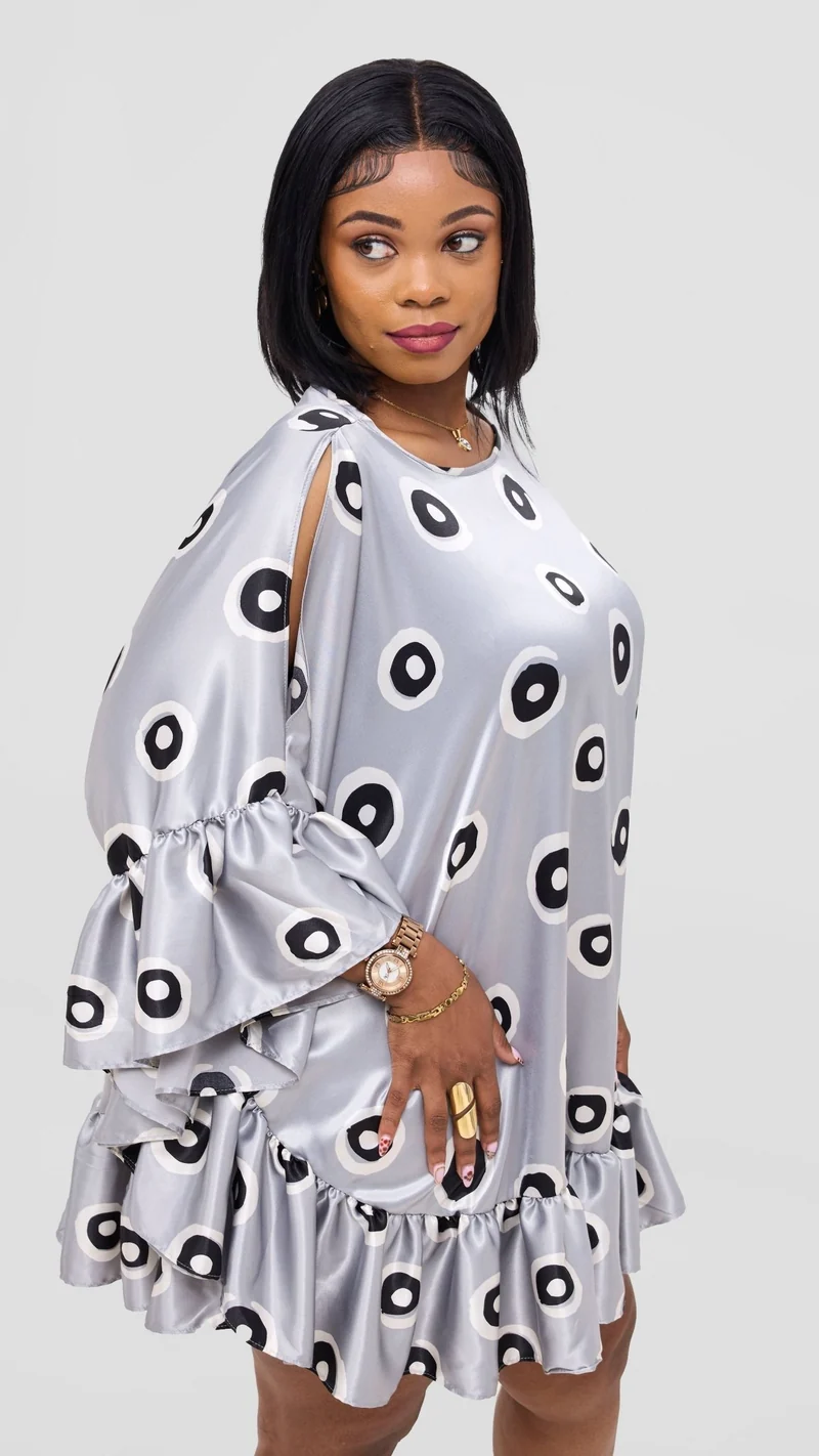 Vivo Chidii Tunic Dress With Frills - Grey / White Print
