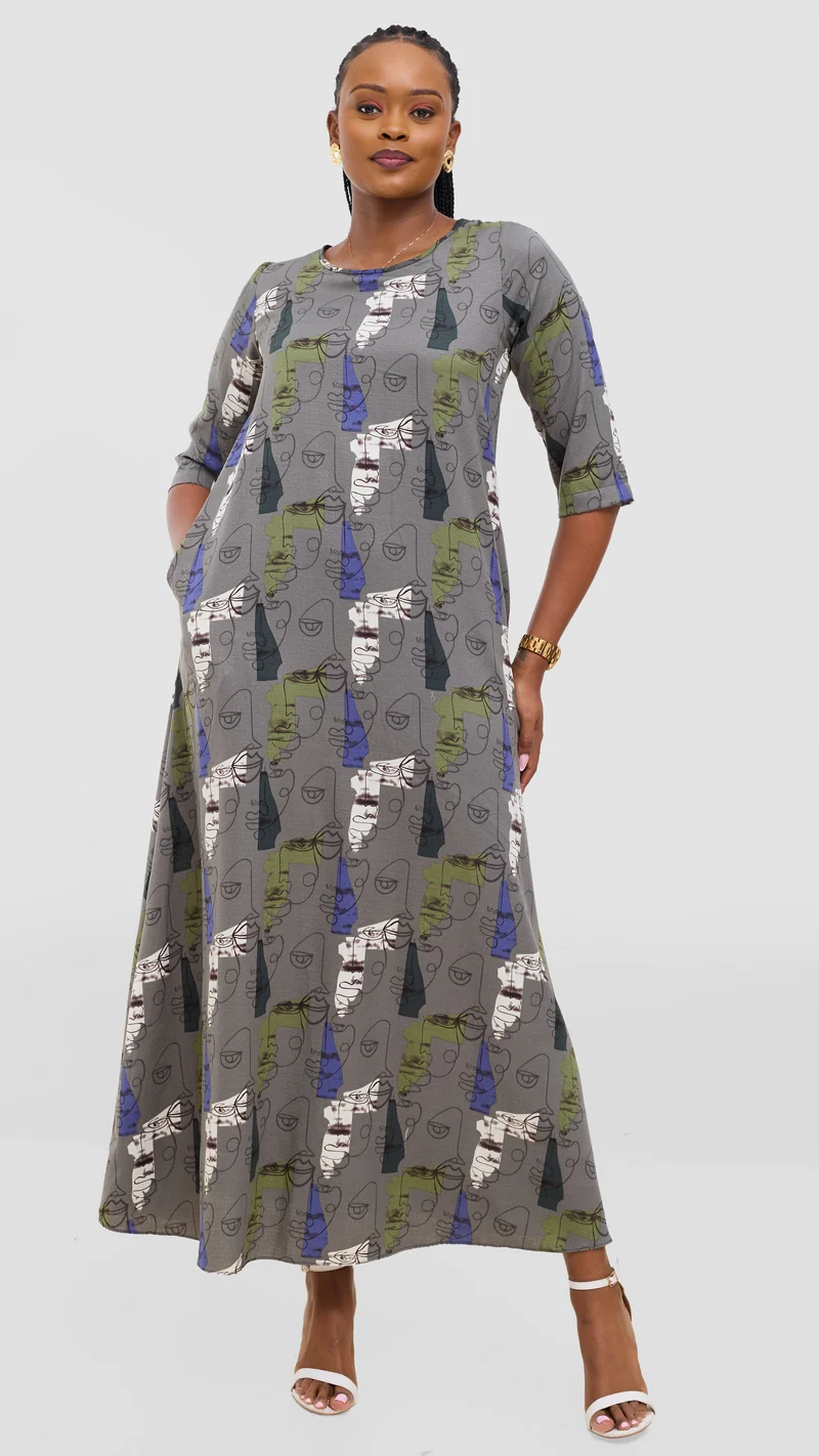 Vivo Maisha 3/4 Sleeve Maxi Dress - Grey Mural Print
