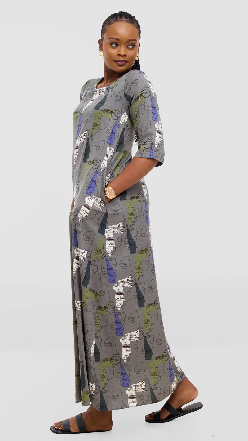 Vivo Maisha 3/4 Sleeve Maxi Dress - Grey Mural Print