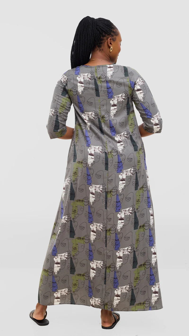 Vivo Maisha 3/4 Sleeve Maxi Dress - Grey Mural Print