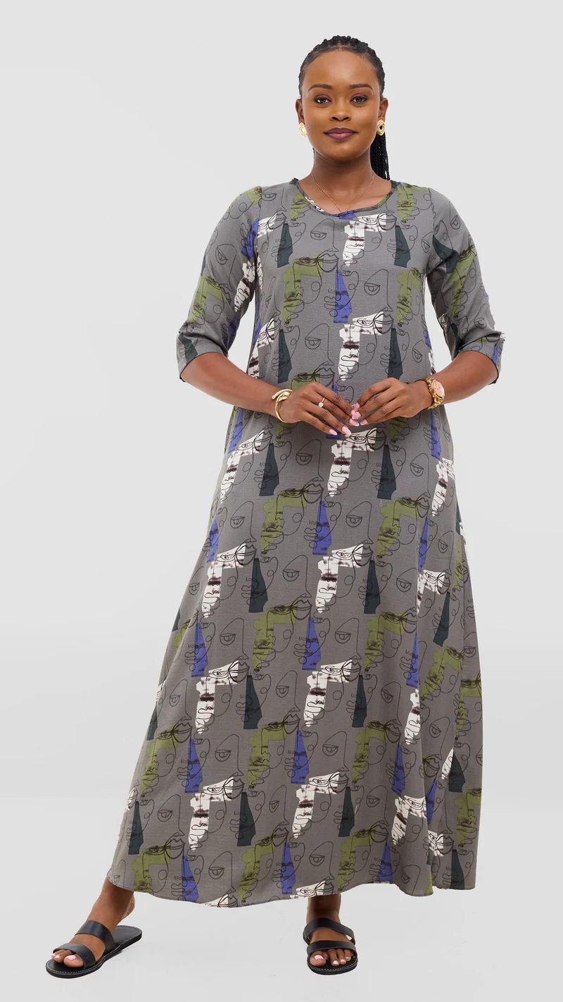 Vivo Maisha 3/4 Sleeve Maxi Dress - Grey Mural Print
