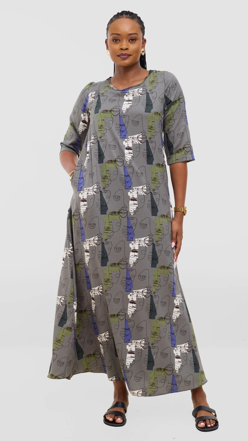 Vivo Maisha 3/4 Sleeve Maxi Dress - Grey Mural Print