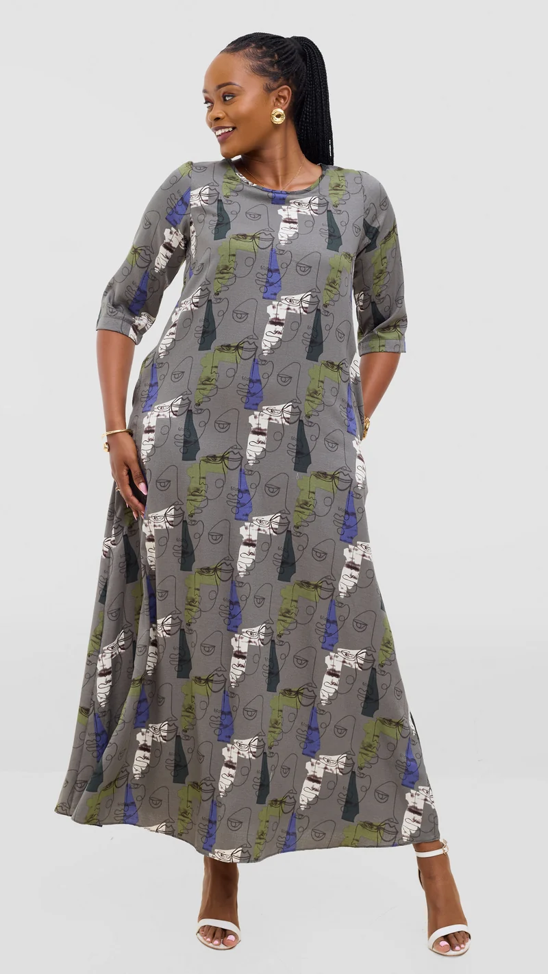 Vivo Maisha 3/4 Sleeve Maxi Dress - Grey Mural Print
