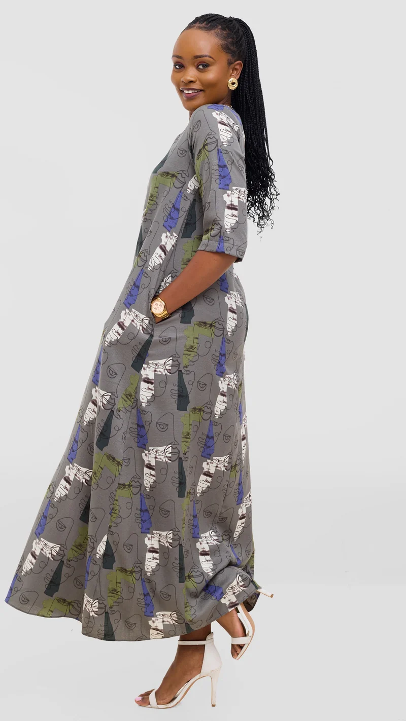 Vivo Maisha 3/4 Sleeve Maxi Dress - Grey Mural Print