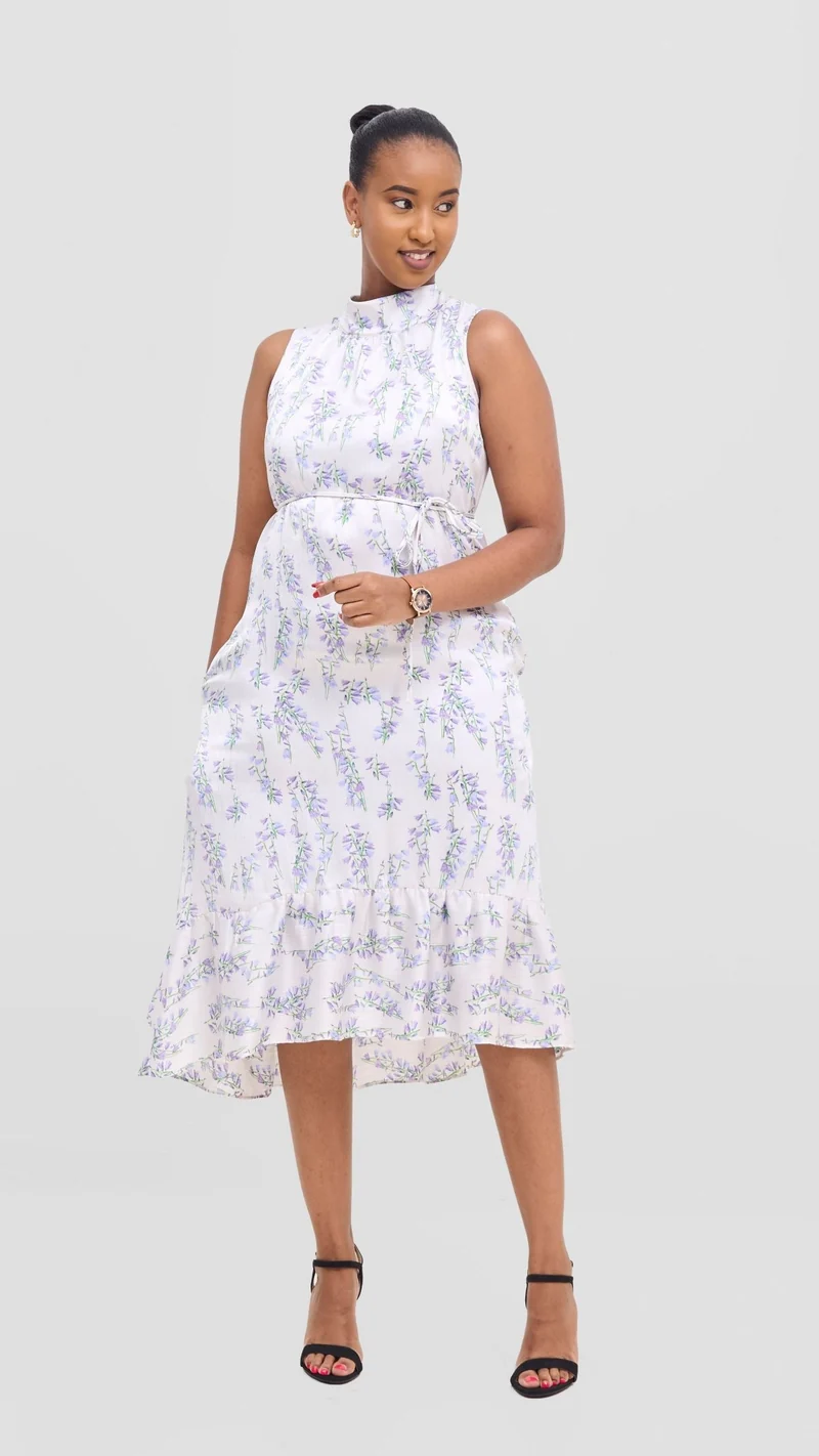 Vivo Samira Midi Dress - Off White / Purple Print