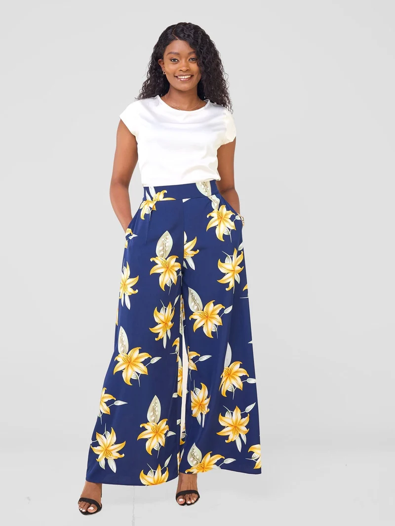 Vivo Basic Crepe Pants - Navy / Orange Aber Print