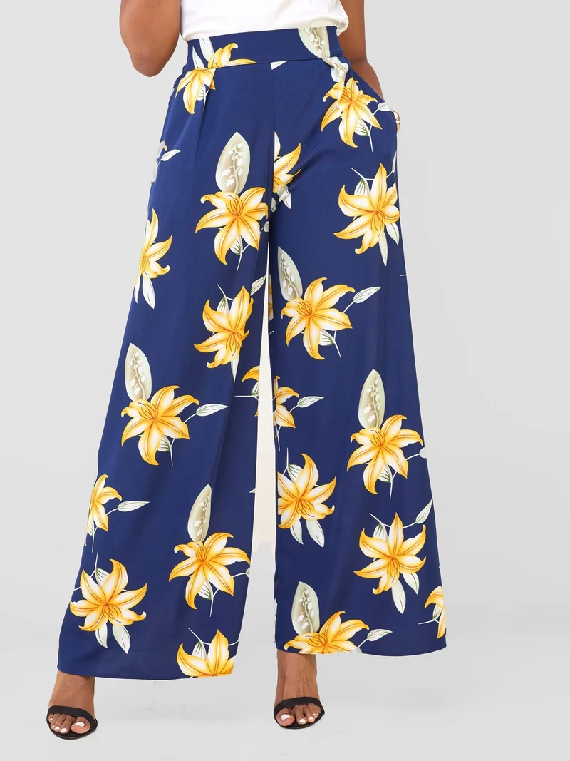 Vivo Basic Crepe Pants - Navy / Orange Aber Print