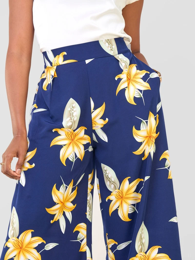 Vivo Basic Crepe Pants - Navy / Orange Aber Print