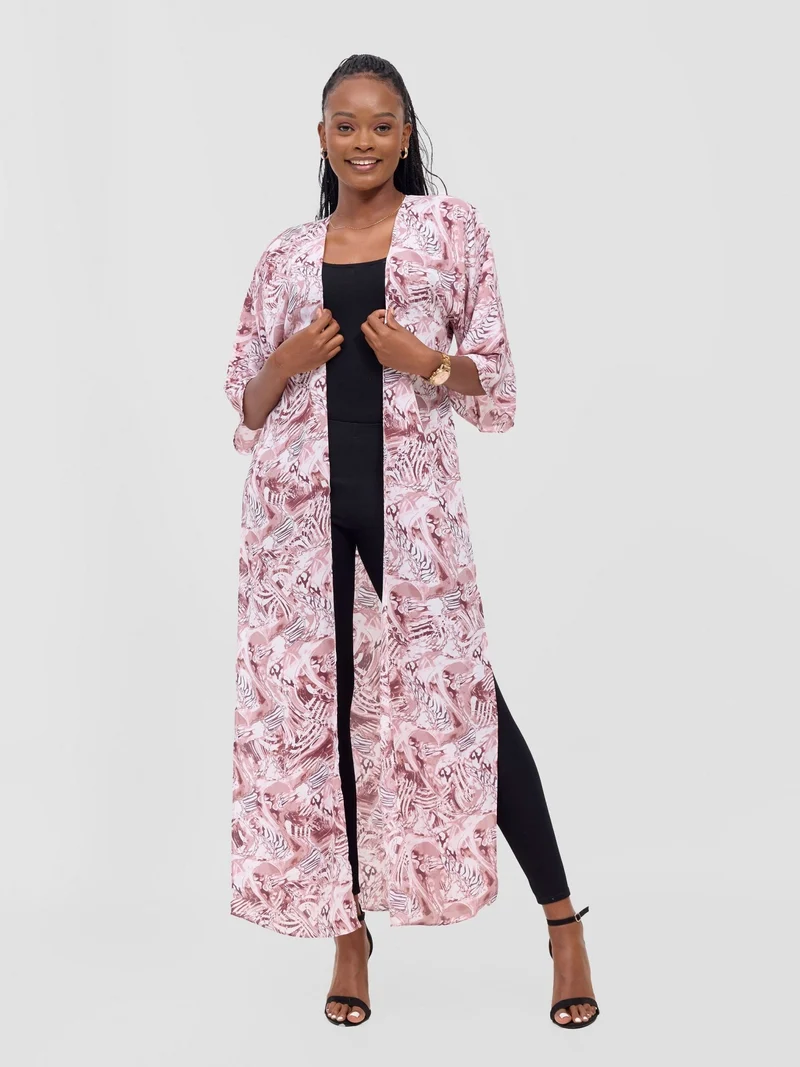 Vivo Basic Nandi High Slit Kimono - Blush Pink / White Idu Print