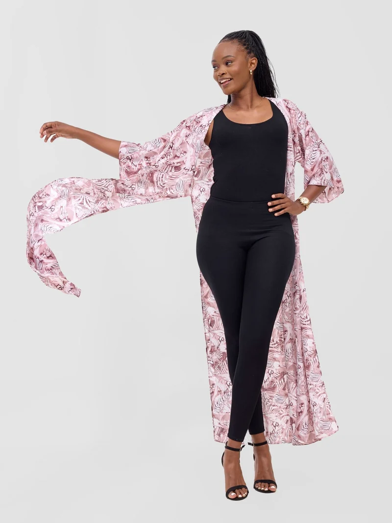 Vivo Basic Nandi High Slit Kimono - Blush Pink / White Idu Print
