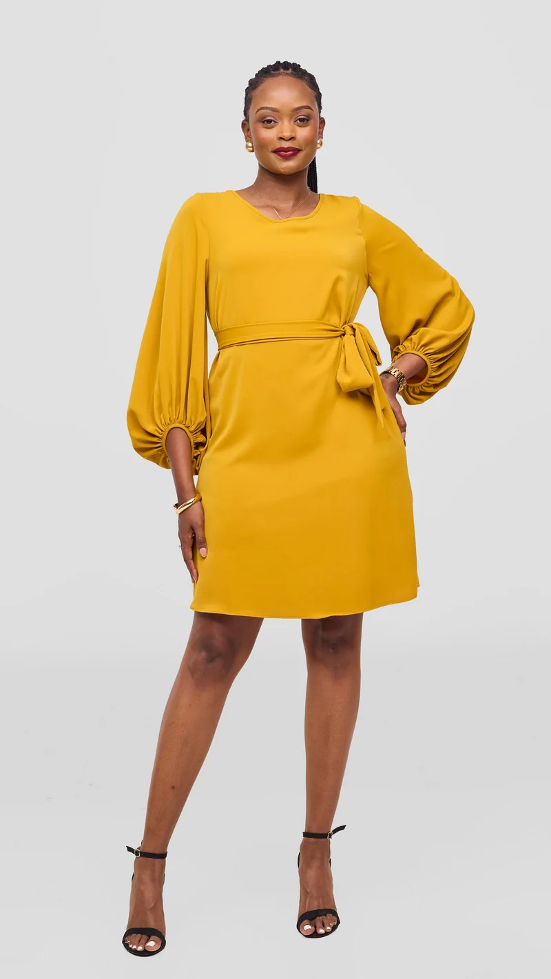 Vivo Naya Bishop Sleeve Shift Dress - Mustard