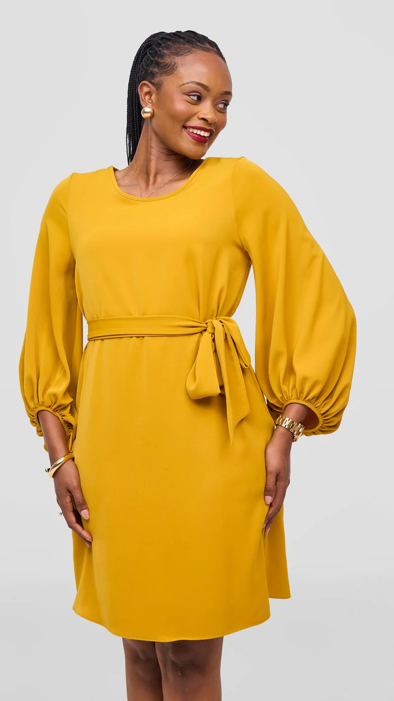 Vivo Naya Bishop Sleeve Shift Dress - Mustard