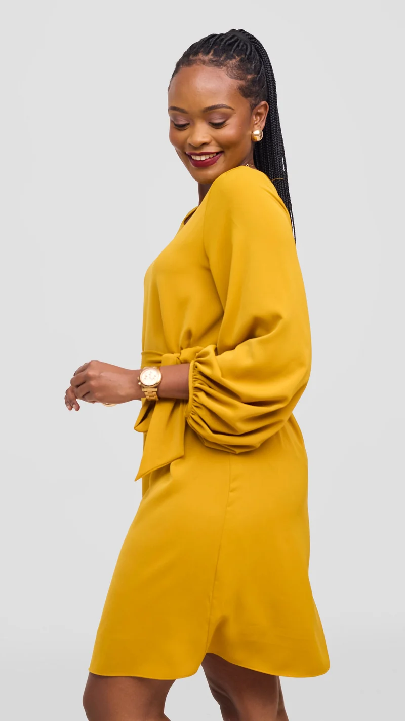 Vivo Naya Bishop Sleeve Shift Dress - Mustard