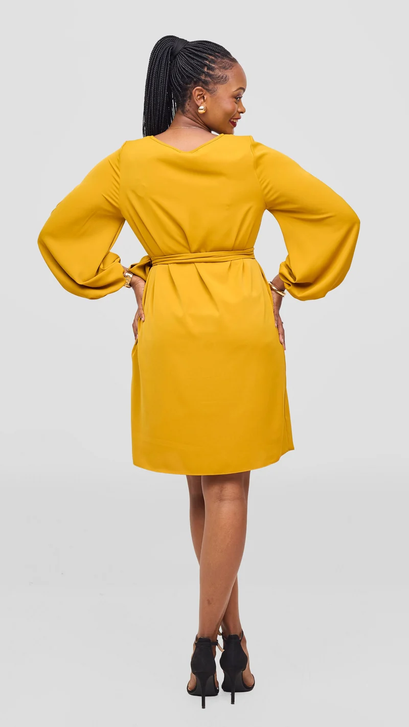 Vivo Naya Bishop Sleeve Shift Dress - Mustard