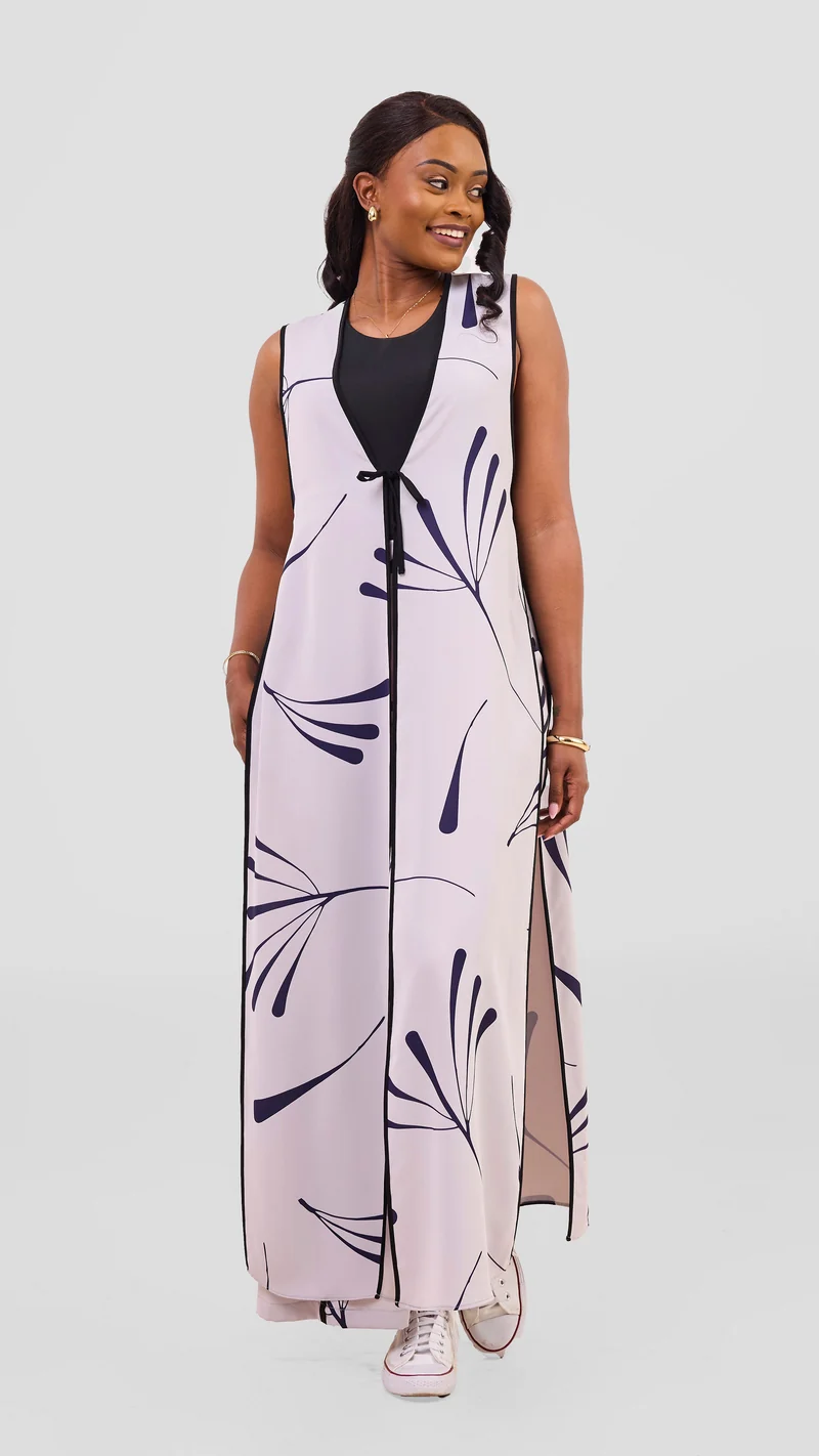 Vivo Nuru Sleeveless Maxi Kimono in Crepe - Grey / Navy Uru Print