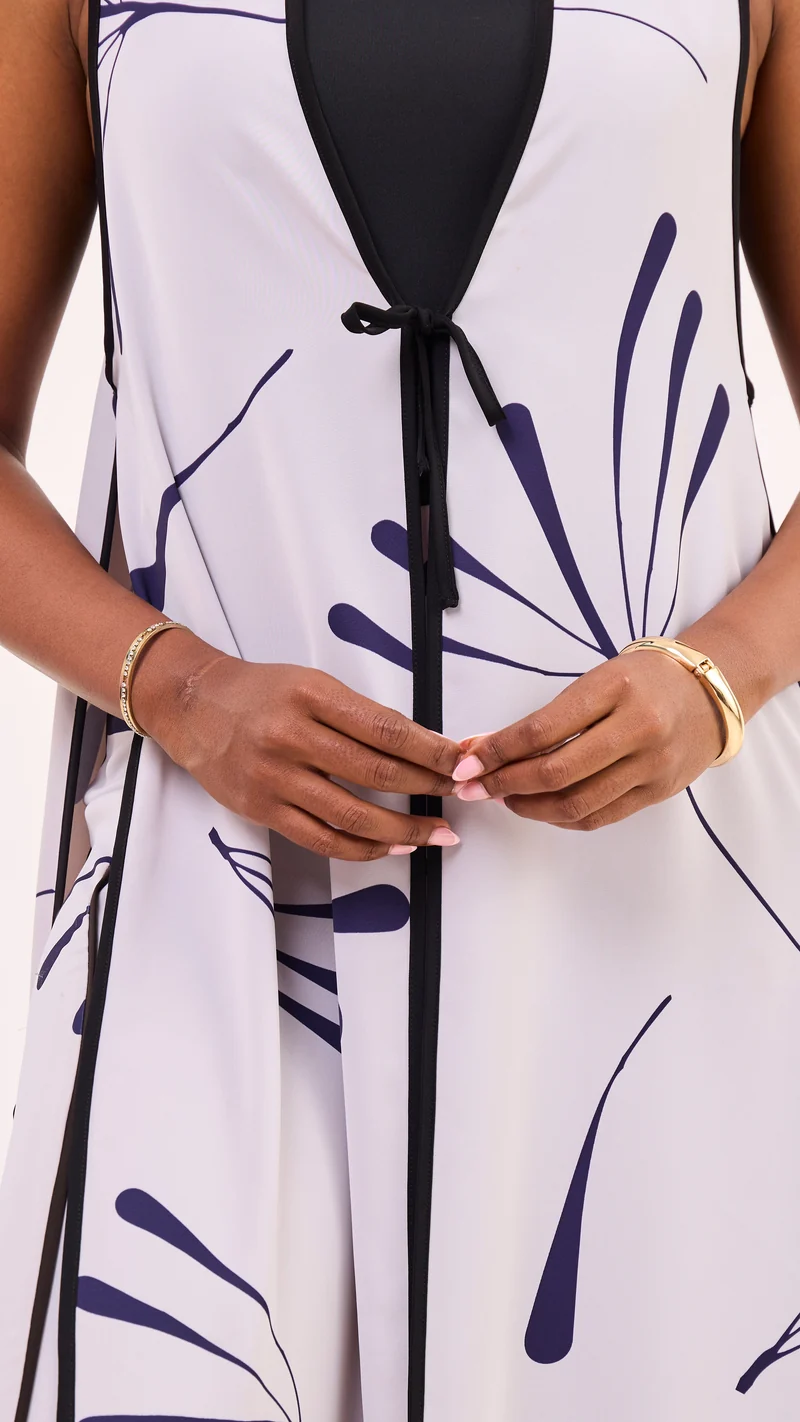 Vivo Nuru Sleeveless Maxi Kimono in Crepe - Grey / Navy Uru Print