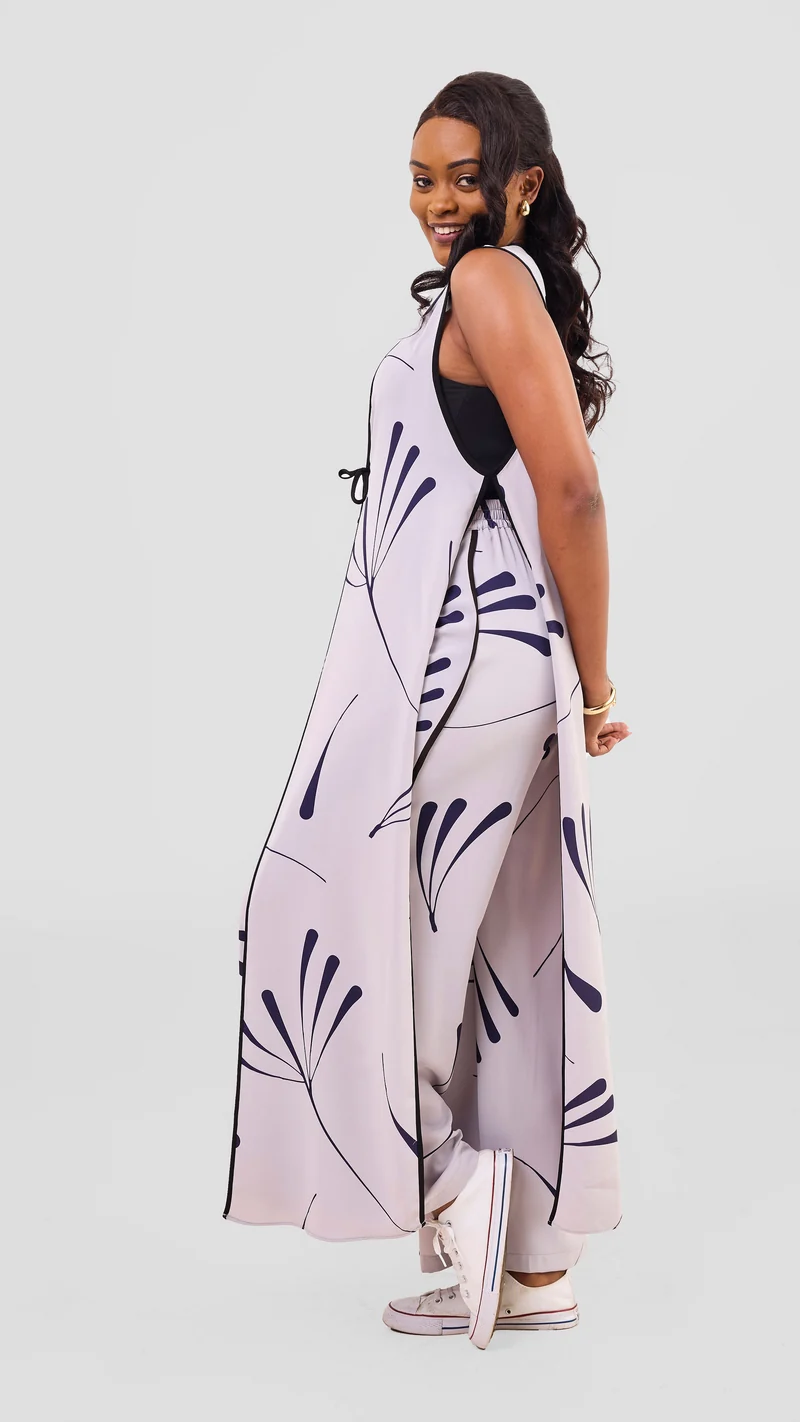 Vivo Nuru Sleeveless Maxi Kimono in Crepe - Grey / Navy Uru Print