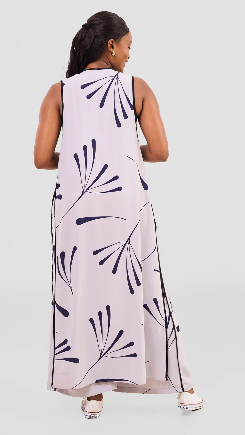 Vivo Nuru Sleeveless Maxi Kimono in Crepe - Grey / Navy Uru Print