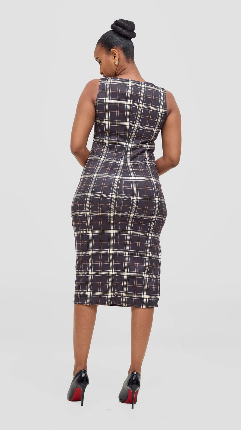 Vivo Alani Plaid Midi Dress - Black / Tan Plaid