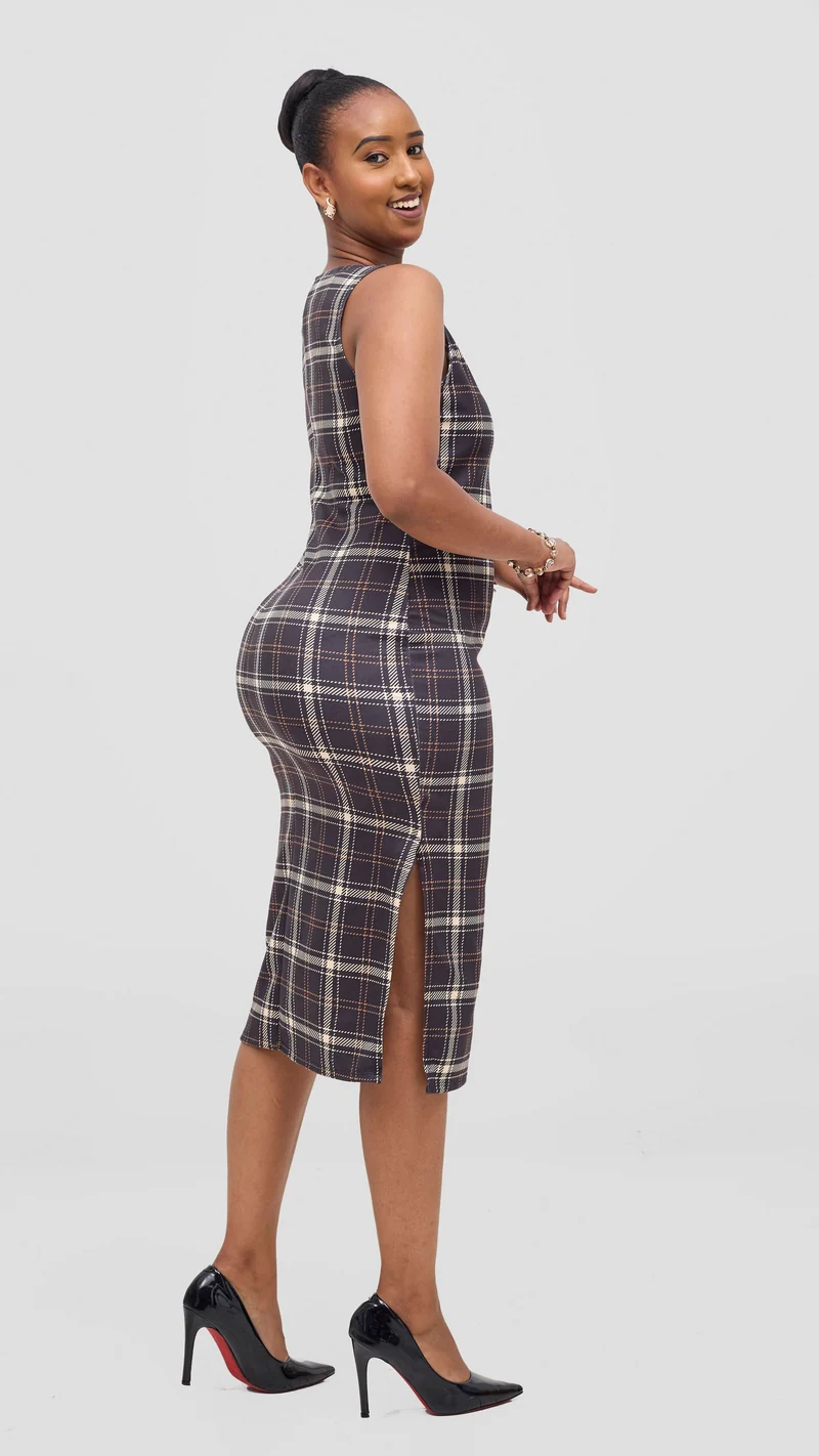 Vivo Alani Plaid Midi Dress - Black / Tan Plaid