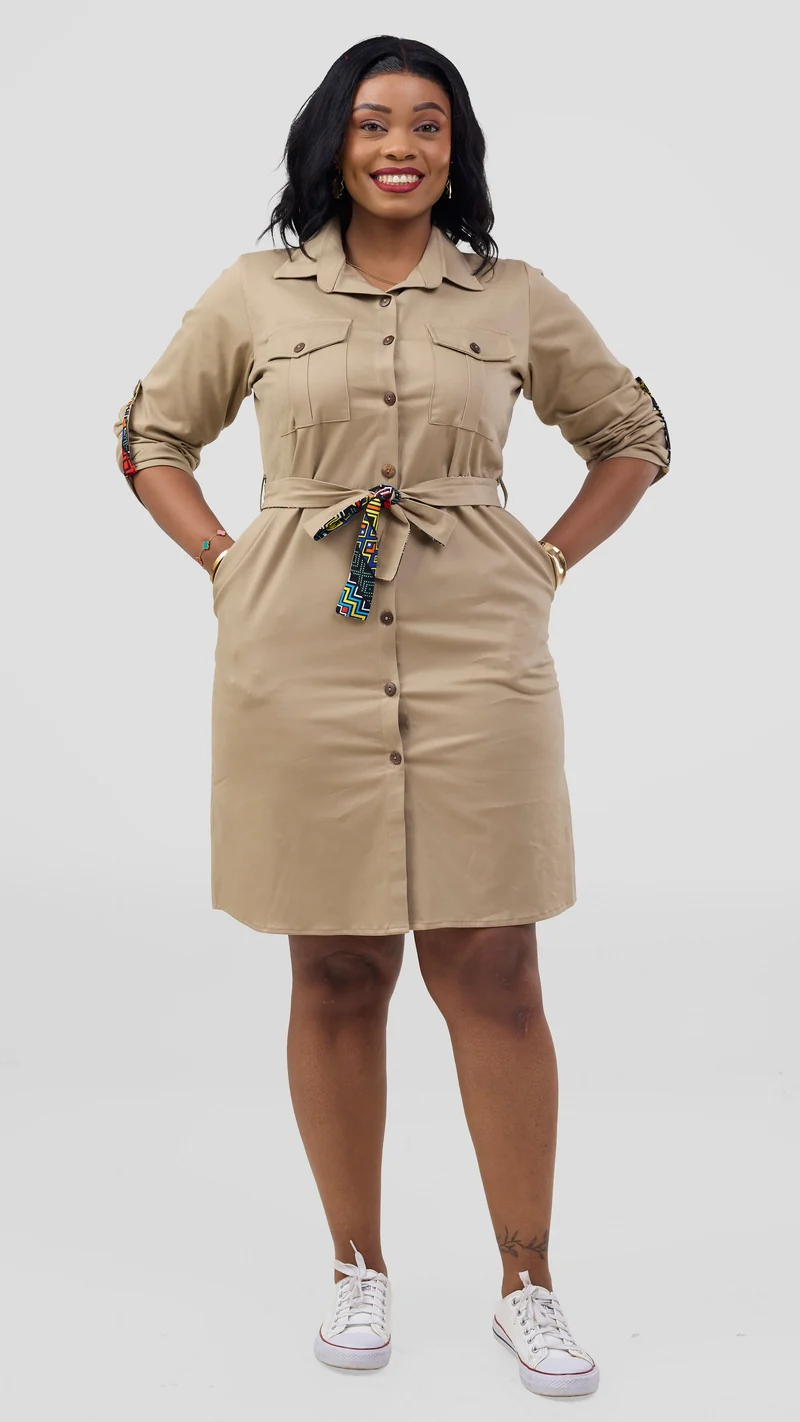 Home Of Calor Lulu Khaki Utility Shirt Dress- Beige