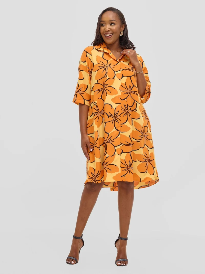 Vivo Reba Hi Low Dress - Orange / Navy Print