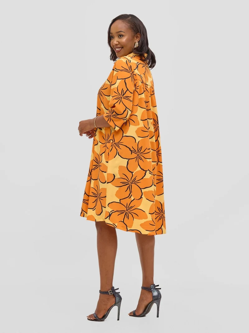 Vivo Reba Hi Low Dress - Orange / Navy Print