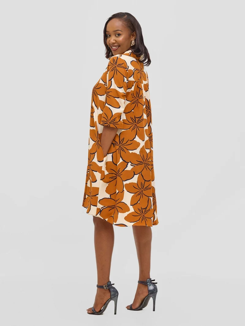 Vivo Reba Hi Low Dress - Rust / Cream Print