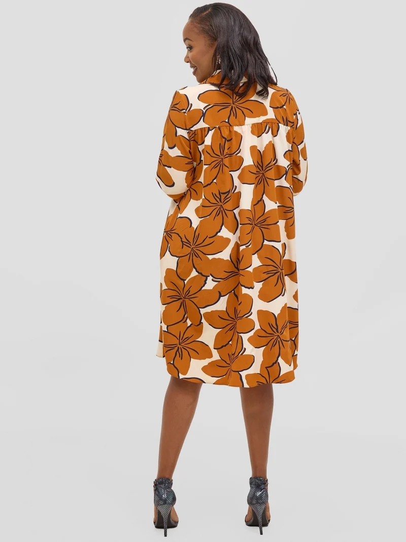 Vivo Reba Hi Low Dress - Rust / Cream Print