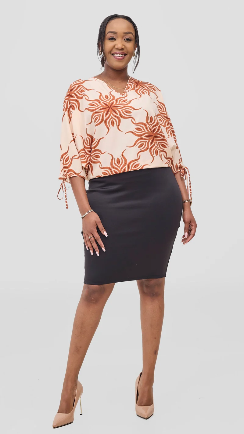 Vivo Sanali Batwing Tie Top - Peach / Tan Print