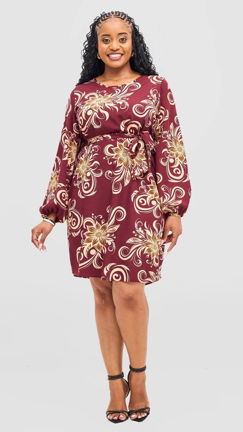 Vivo Zawadi Shift Dress - Maroon / Peach Print