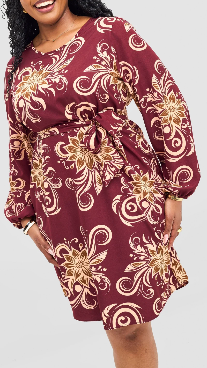 Vivo Zawadi Shift Dress - Maroon / Peach Print