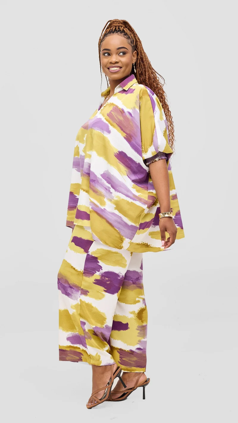 Vivo Sanali Wide Leg Pants- Purple / Olive Print