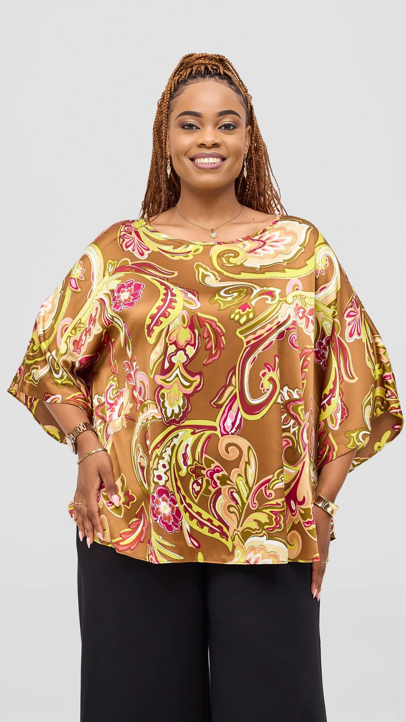 Vivo Keza Circular Loose Top - Dark Tan / Lime Print